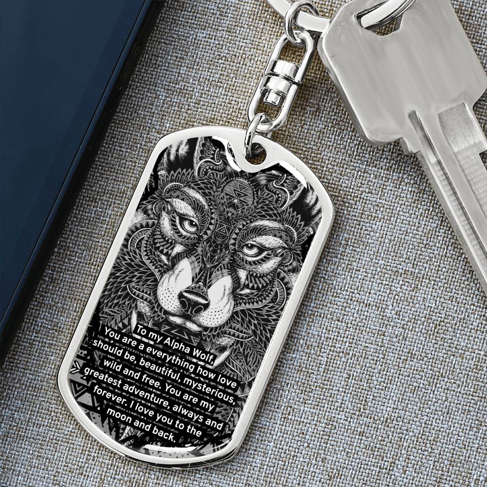 alpha wolf dog tag keychain